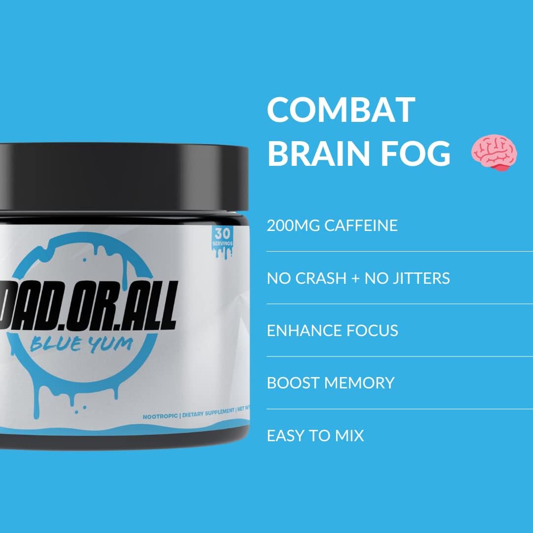 Blue Yum DADORALL Nootropic Powder for Energy and Focus - 200mg Caffeine - No Sugar Focus Energy Drink Mix - 5g Per Scoop - 5.29 Ounces - 30 Servings