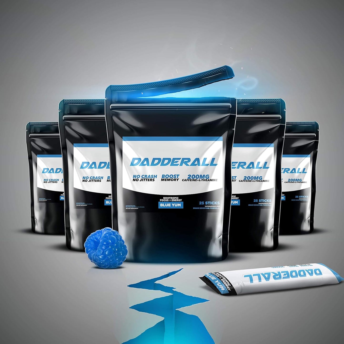 Blue Yum Nootropic Energy Drink Mix with 200mg Caffeine - 25 Single Serve Packets for Adults - Dadderall Focus Powder
