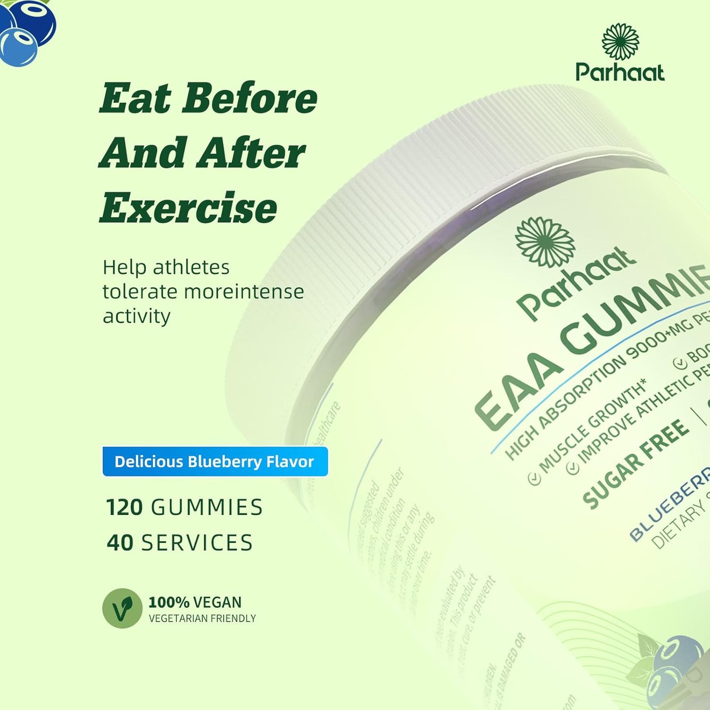 Blueberry EAA Gummies - 120 Gummies, 9000mg Essential Amino Acids - Non-GMO, Gluten Free, Vegetarian