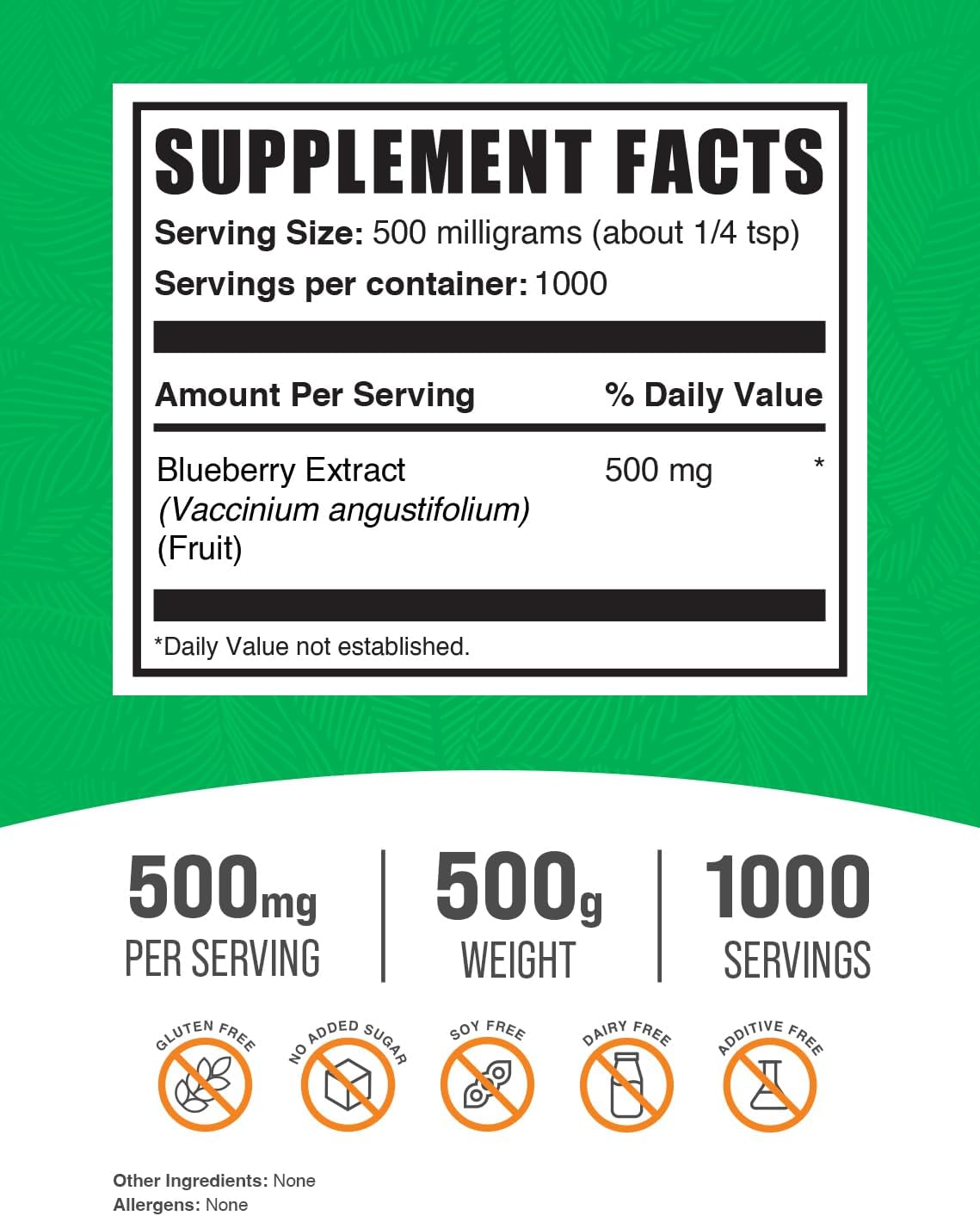 Blueberry Extract Powder - Wild Blueberry Supplement, Vegan & Gluten Free - 500mg per Serving - 500g (1.1 lbs) - BulkSupplements.