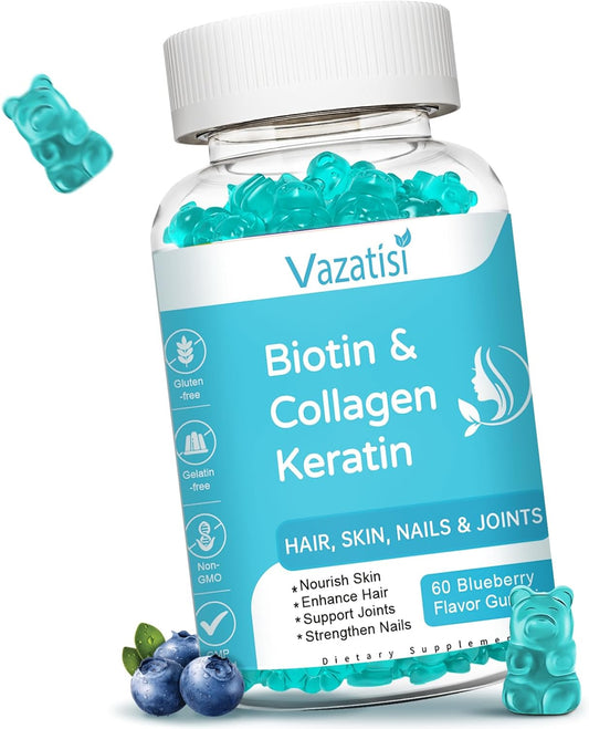 Blueberry Flavored Biotin Gummies with Collagen & Keratin for Hair, Skin, Nails, and Joints - 60 Gummies for Women, Men, and Kids