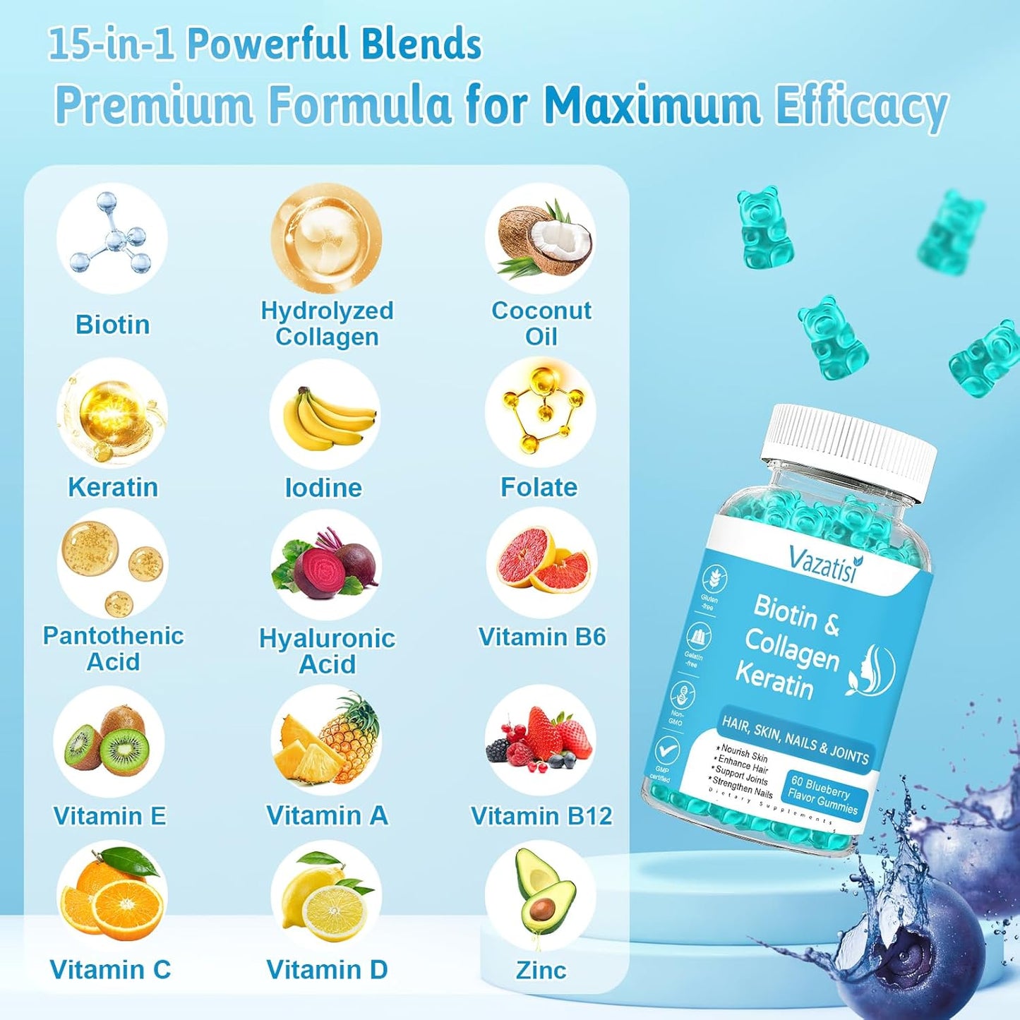 Blueberry Flavored Biotin Gummies with Collagen & Keratin for Hair, Skin, Nails, and Joints - 60 Gummies for Women, Men, and Kids