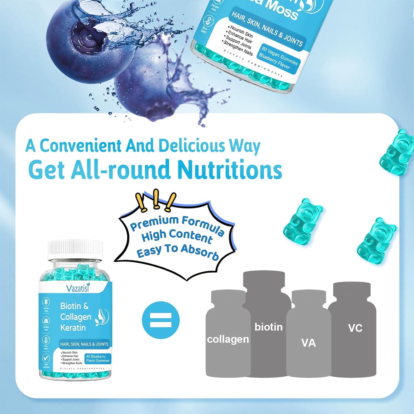 Blueberry Flavored Biotin Gummies with Collagen & Keratin for Hair, Skin, Nails, and Joints - 60 Gummies for Women, Men, and Kids