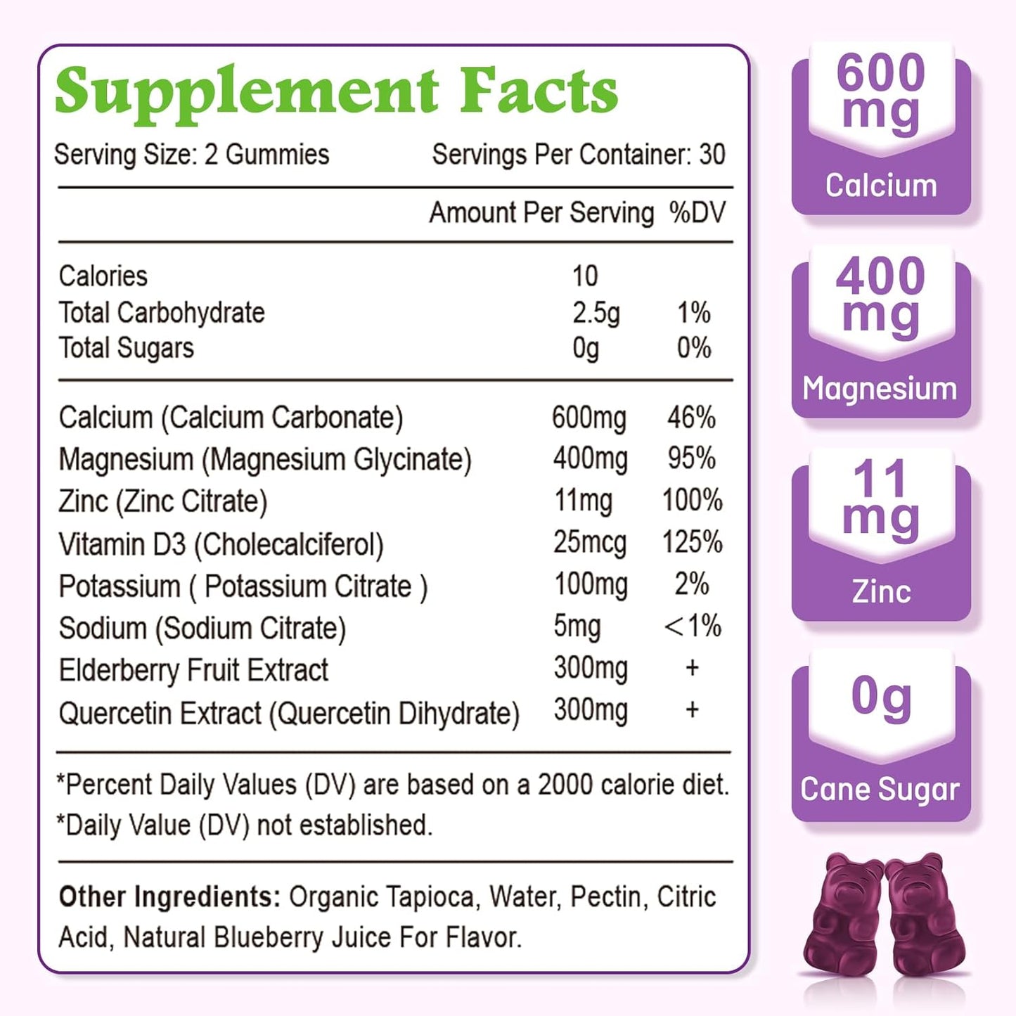 Blueberry Flavored Calcium Magnesium Zinc Gummies with Vitamin D3 - Strong Bones & Muscles Supplement - 60 Count