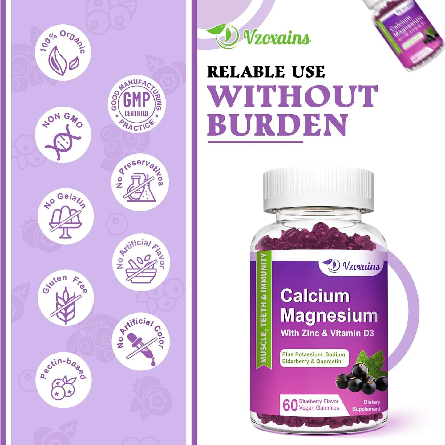 Blueberry Flavored Calcium Magnesium Zinc Gummies with Vitamin D3 - Strong Bones & Muscles Supplement - 60 Count