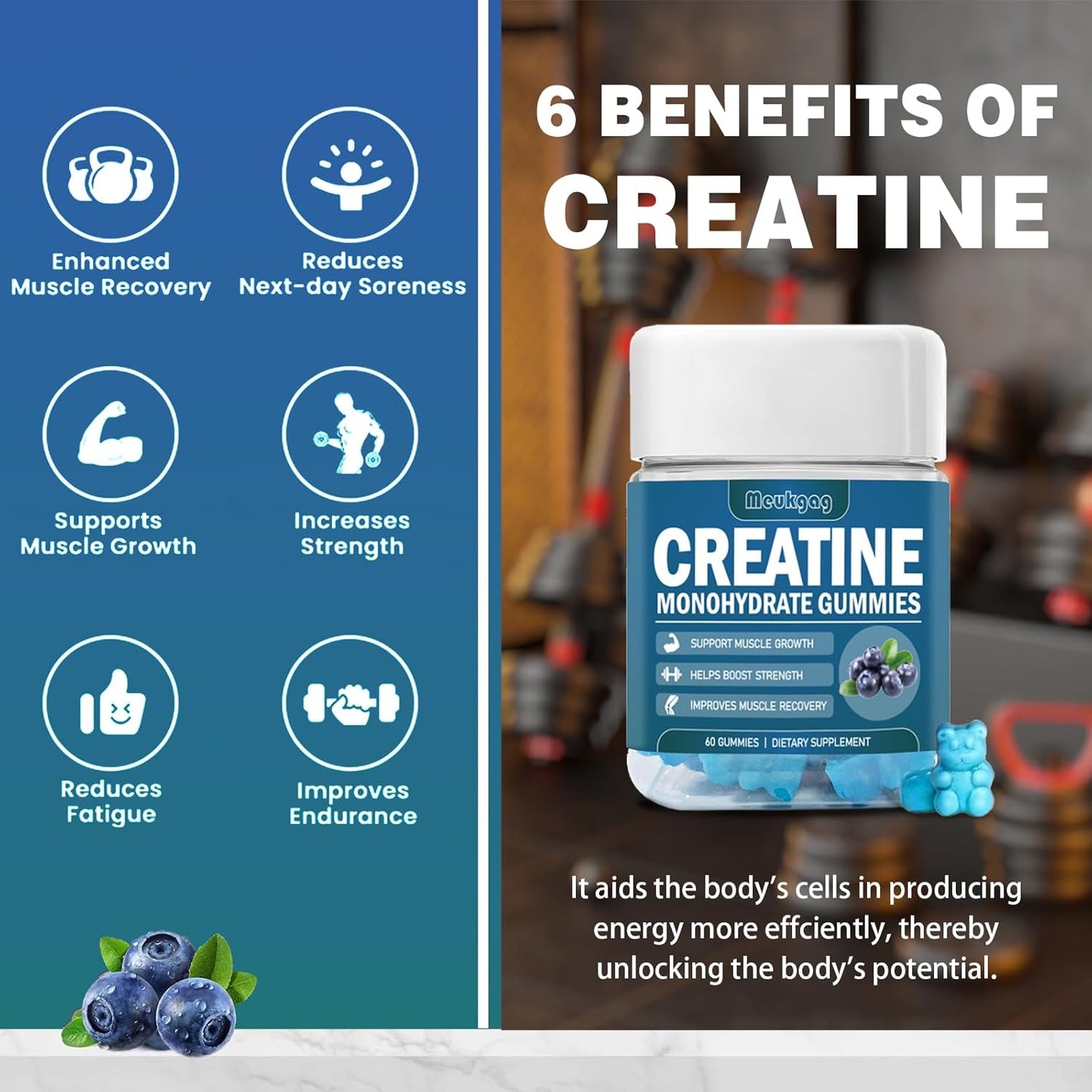 Blueberry Flavored Chewable Creatine Gummies for Muscle Strength & Energy Boost - 60 Count