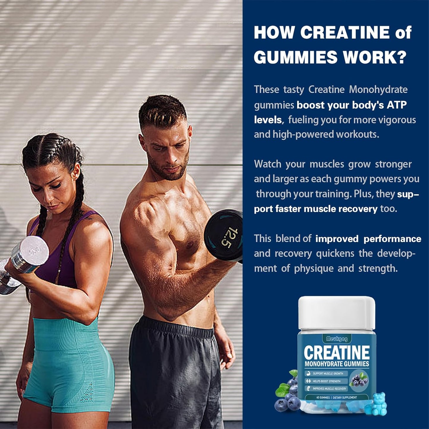 Blueberry Flavored Chewable Creatine Gummies for Muscle Strength & Energy Boost - 60 Count