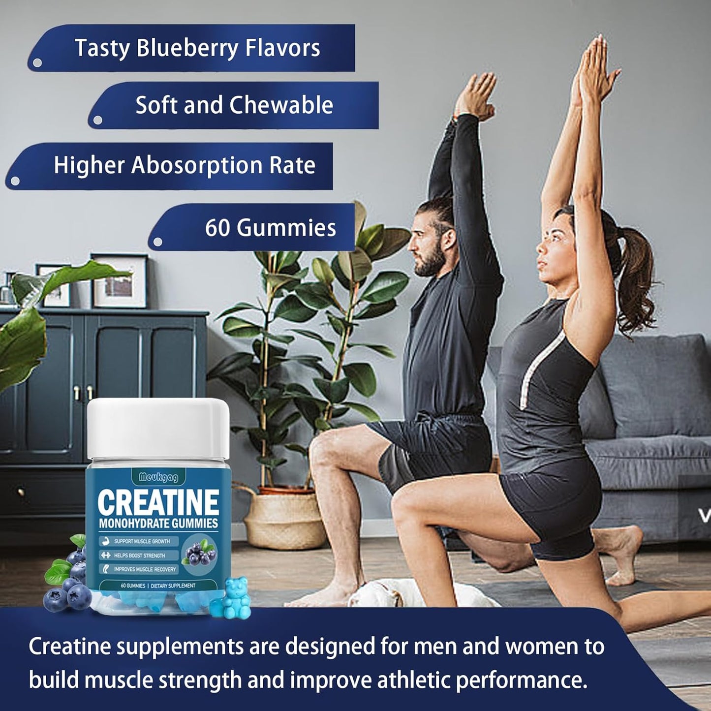 Blueberry Flavored Chewable Creatine Gummies for Muscle Strength & Energy Boost - 60 Count