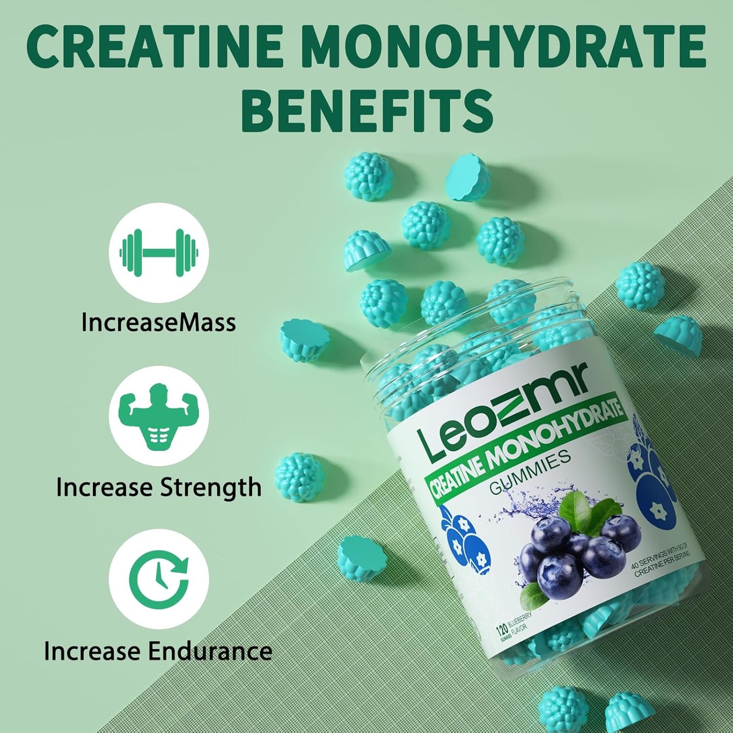 Blueberry Flavored Creatine Monohydrate Gummies 5000mg - 120 Count for Men & Women