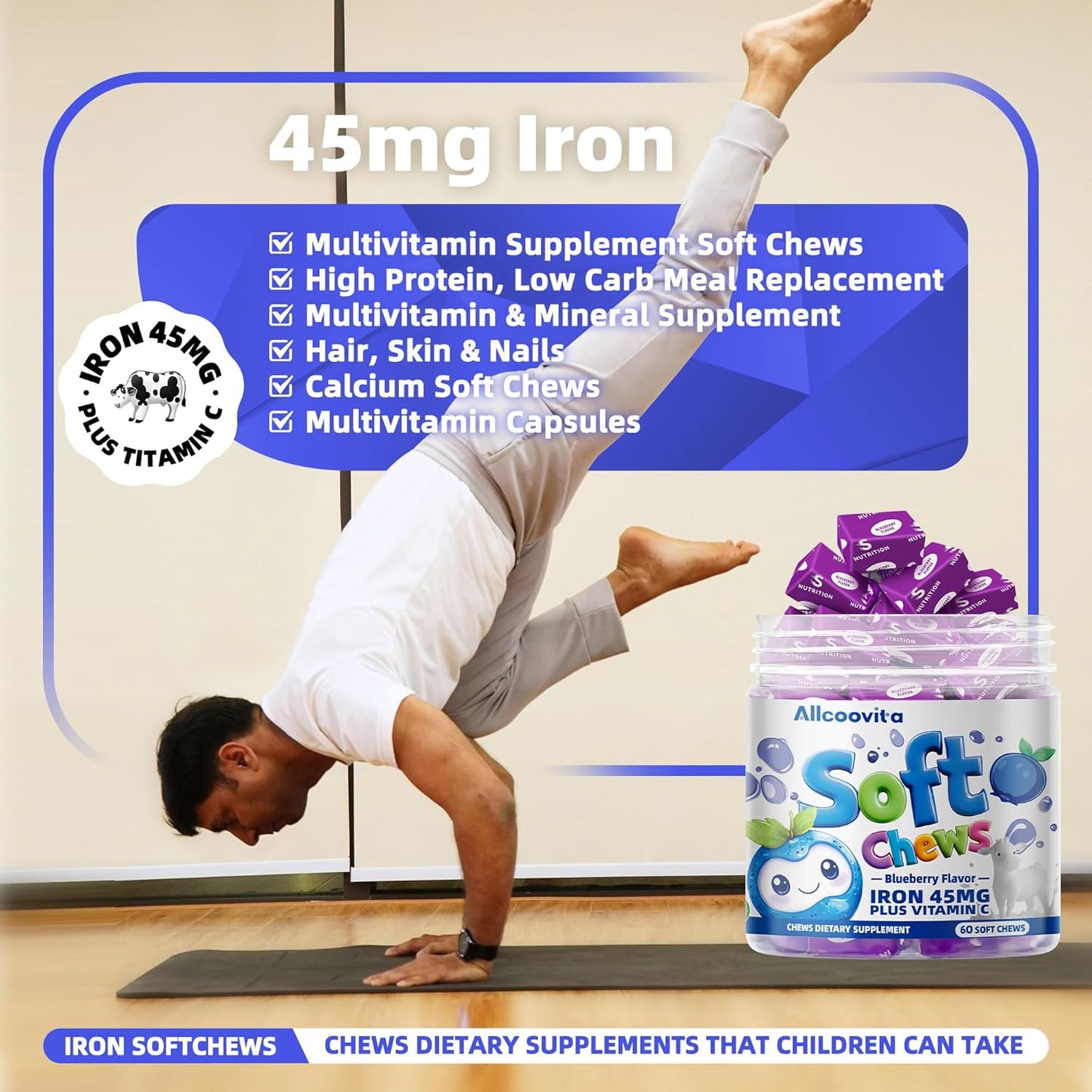 Blueberry Flavored Iron Soft Chew Supplement with Vitamin C - 60 Count - Gluten Free Iron Supplement for Women, Men, and Kids - 2 Month Supply