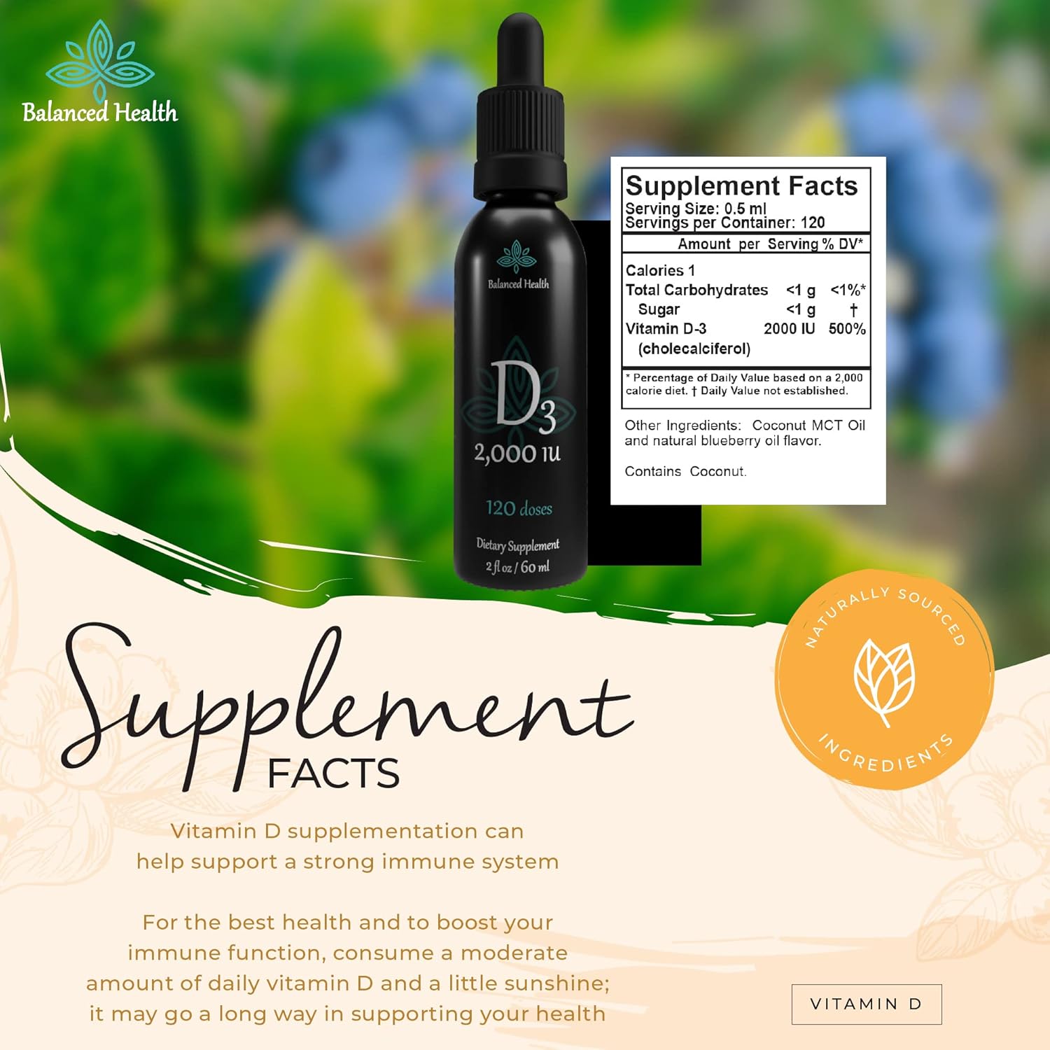 Blueberry Flavored Liquid Vitamin D Drops with MCT Oil for Faster Absorption - 2,000 IU, 2 Fl Oz - Non GMO Vegetarian Formula - 120 Doses