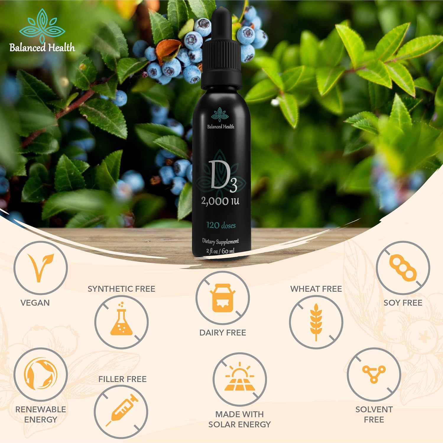 Blueberry Flavored Liquid Vitamin D Drops with MCT Oil for Faster Absorption - 2,000 IU, 2 Fl Oz - Non GMO Vegetarian Formula - 120 Doses