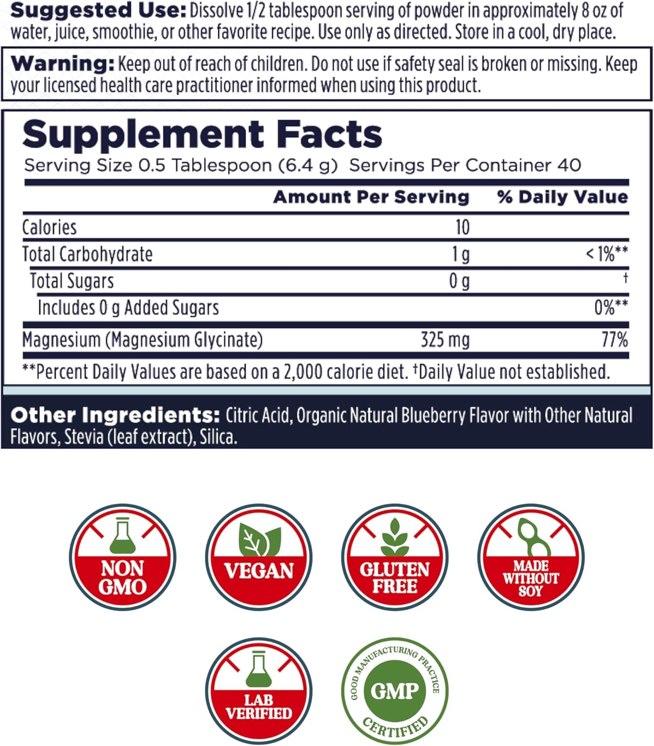 Blueberry Flavored Magnesium Powder Supplement for Relaxation Support - High Absorption, Vegan, Gluten Free - 40 Servings, 9 oz