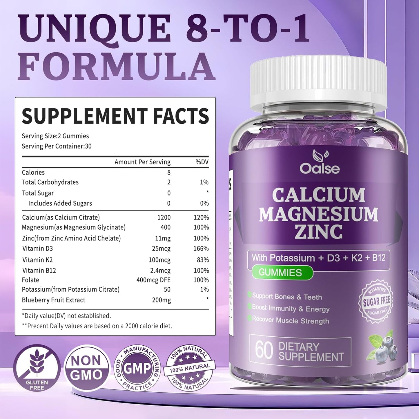 Blueberry Flavored OALSE Calcium Magnesium Zinc Gummies with Vitamin D3 & K2 for High Absorption - Supports Muscles, Immune System, and Sleep - Sugar Free (1 Pack)