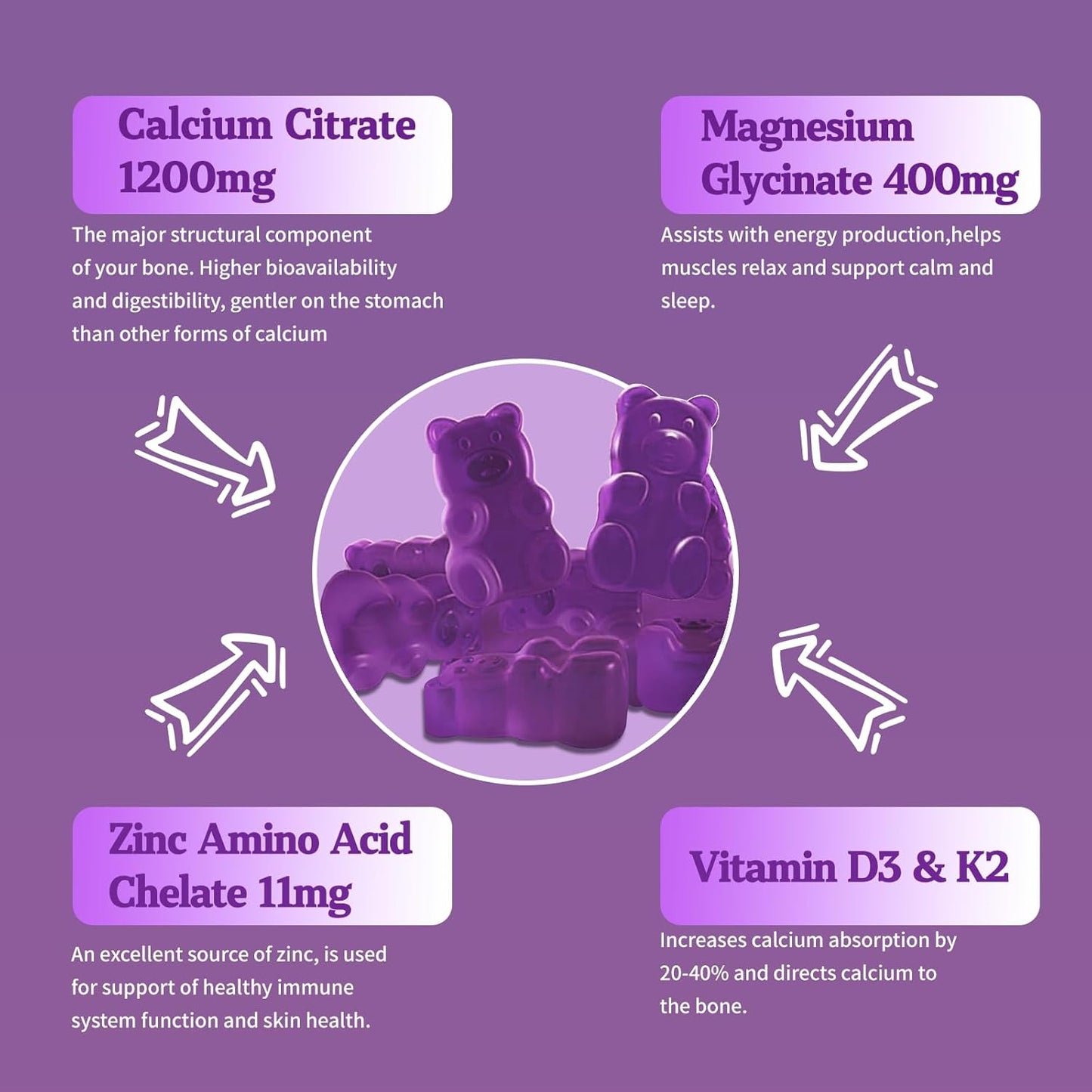 Blueberry Flavored OALSE Calcium Magnesium Zinc Gummies with Vitamin D3 & K2 for High Absorption - Supports Muscles, Immune System, and Sleep - Sugar Free (1 Pack)