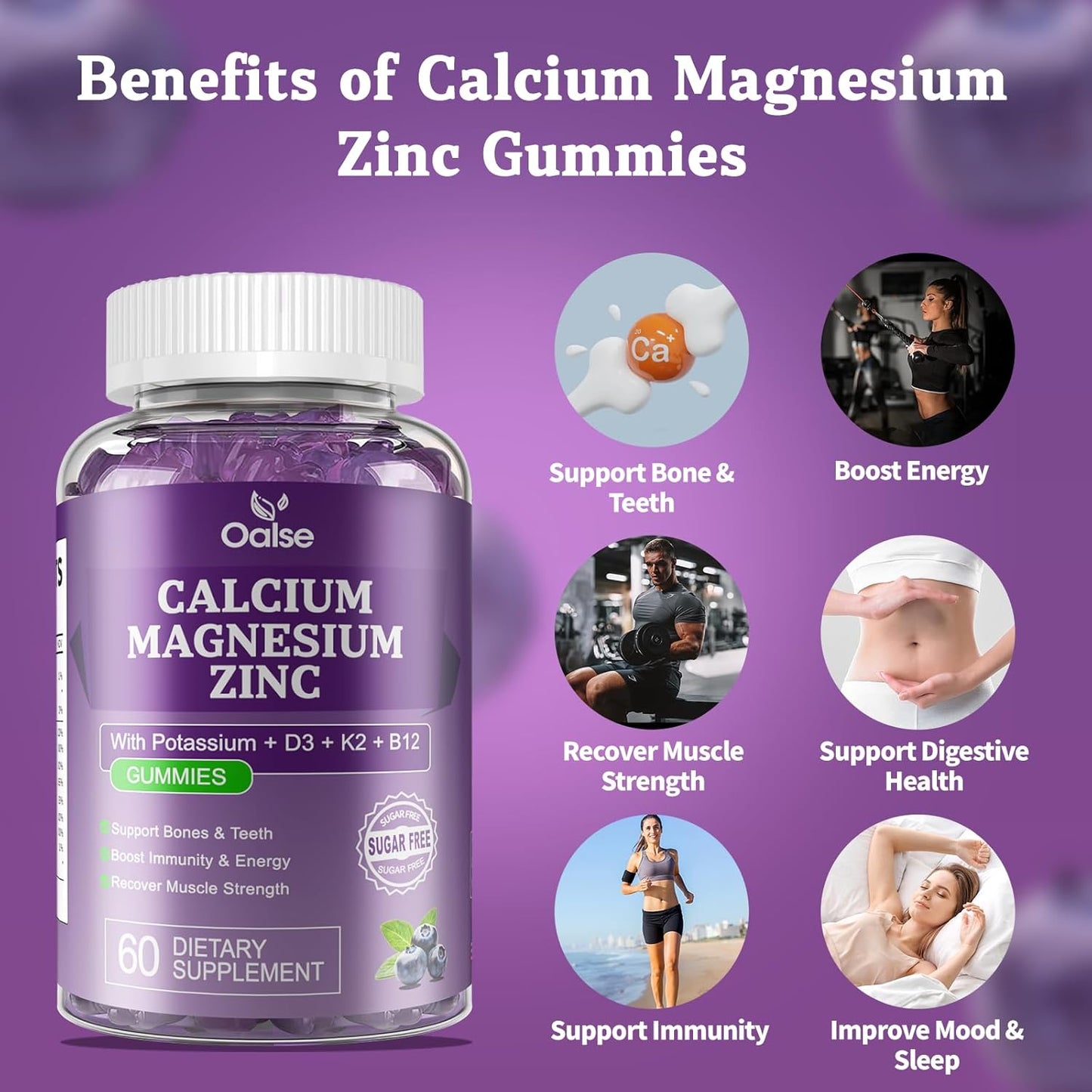 Blueberry Flavored OALSE Calcium Magnesium Zinc Gummies with Vitamin D3 & K2 for High Absorption - Supports Muscles, Immune System, and Sleep - Sugar Free (1 Pack)