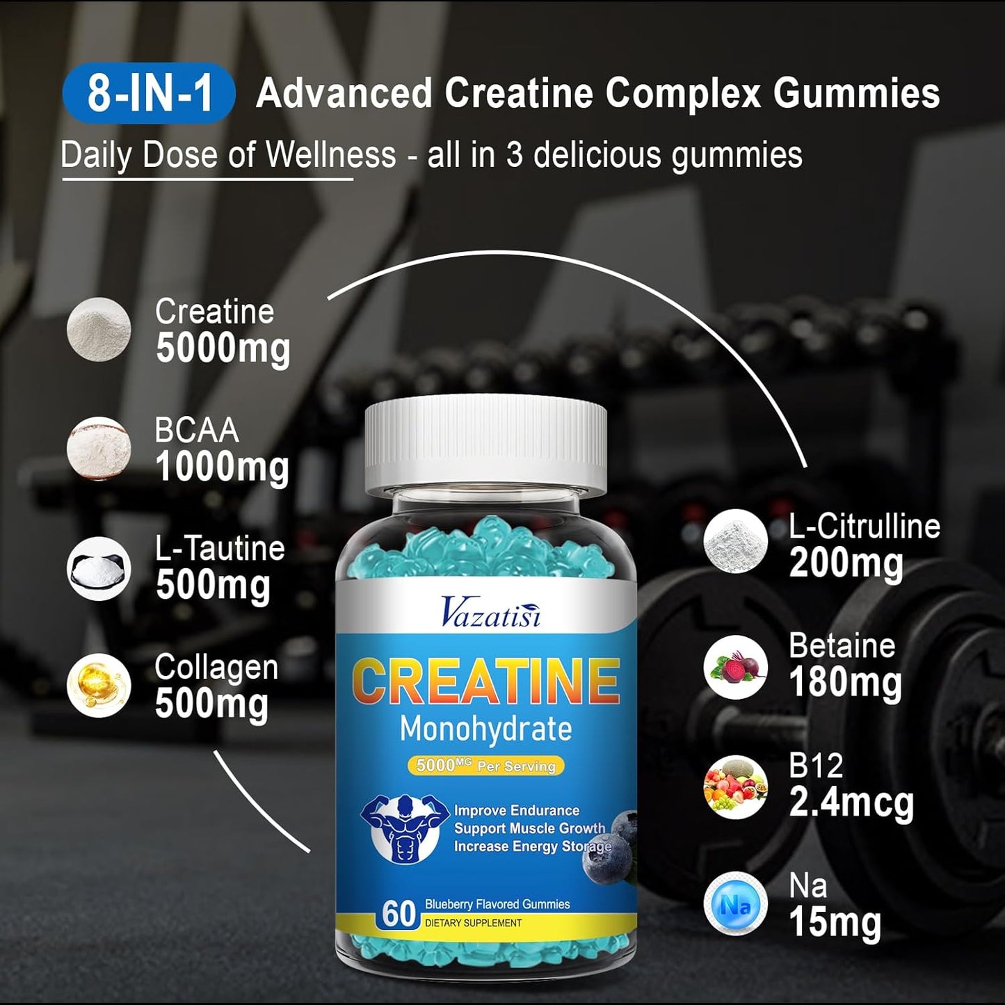 Blueberry Flavored Vazatisi Creatine Monohydrate Gummies - Vegan Supplement for Muscle Building, Energy, and Strength - 60 Count