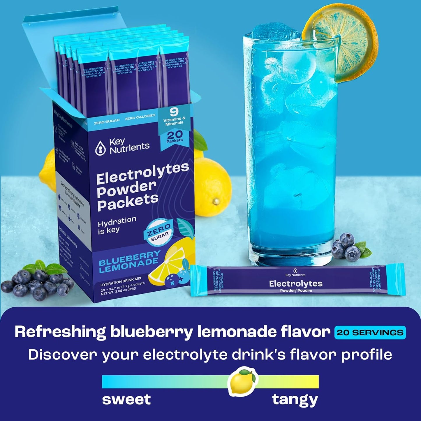 Blueberry Lemonade Electrolyte Multivitamin Powder Packets - 40 Pack Hydration Travel Packets - Sugar-Free, Calorie-Free, Gluten Free - Made in USA