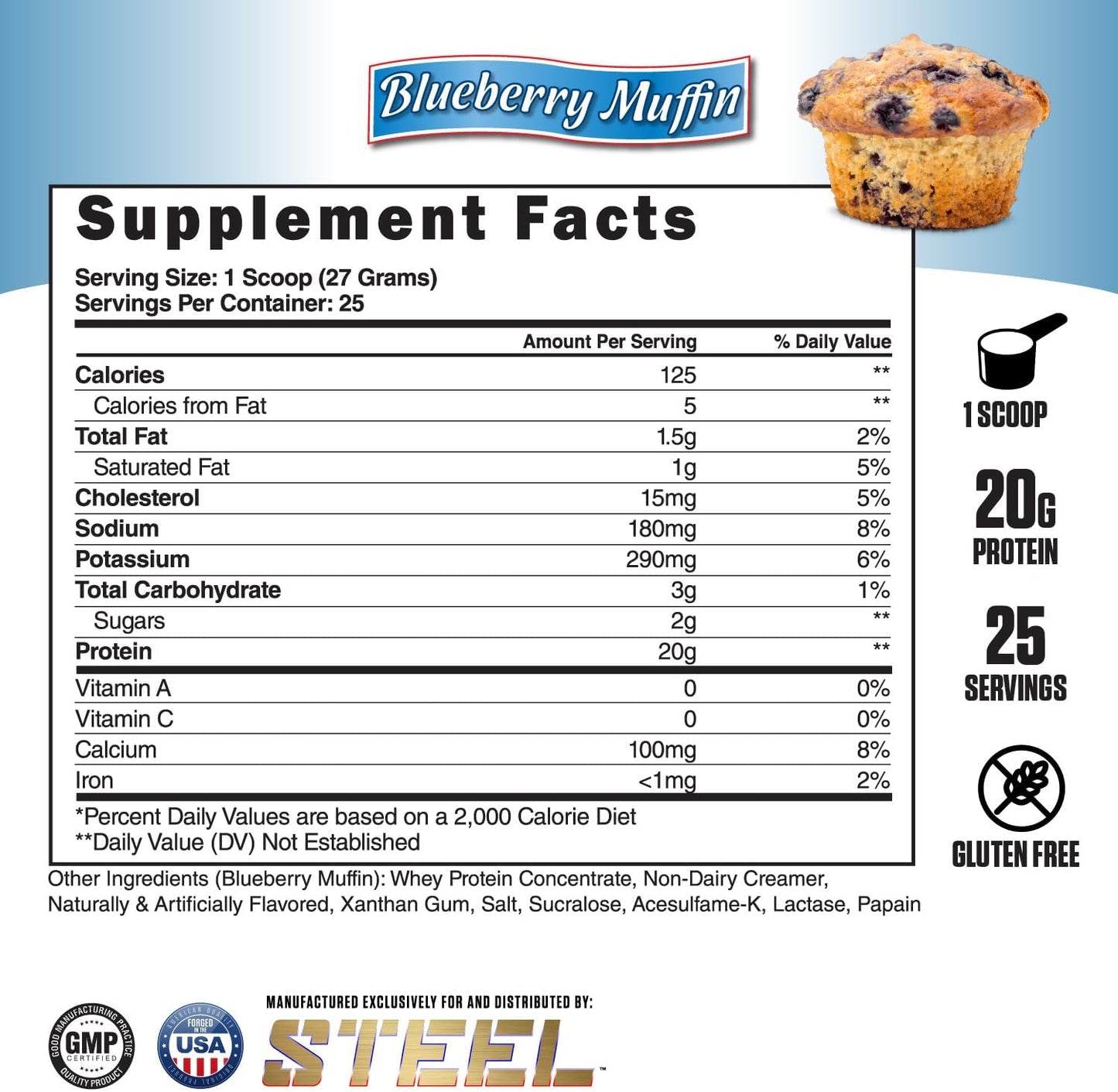 Blueberry Muffin Whey-Pro: Pure Whey Protein Powder for Muscle Gain & Recovery | Steel Supplements | Gluten Free | Non-GMO | 1.48 lbs