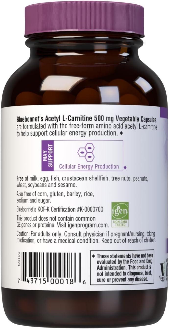 BlueBonnet Acetyl L-Carnitine 500 mg Capsules - 60 Count - Vitamin Supplement