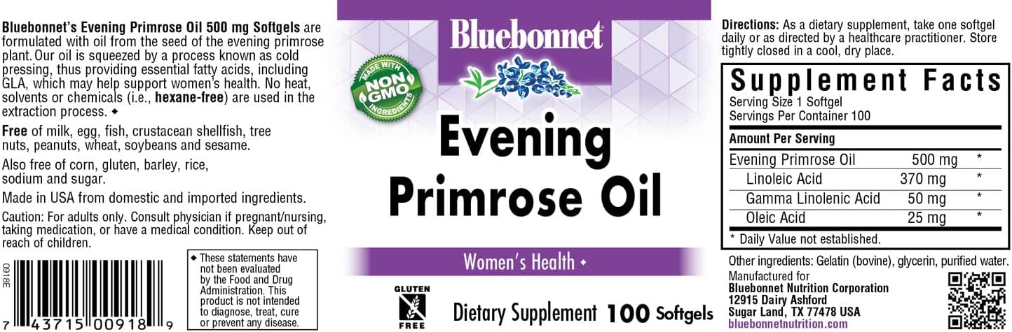 BlueBonnet Evening Primrose Oil Softgels - 500mg, 100 Count - Natural Source of GLA