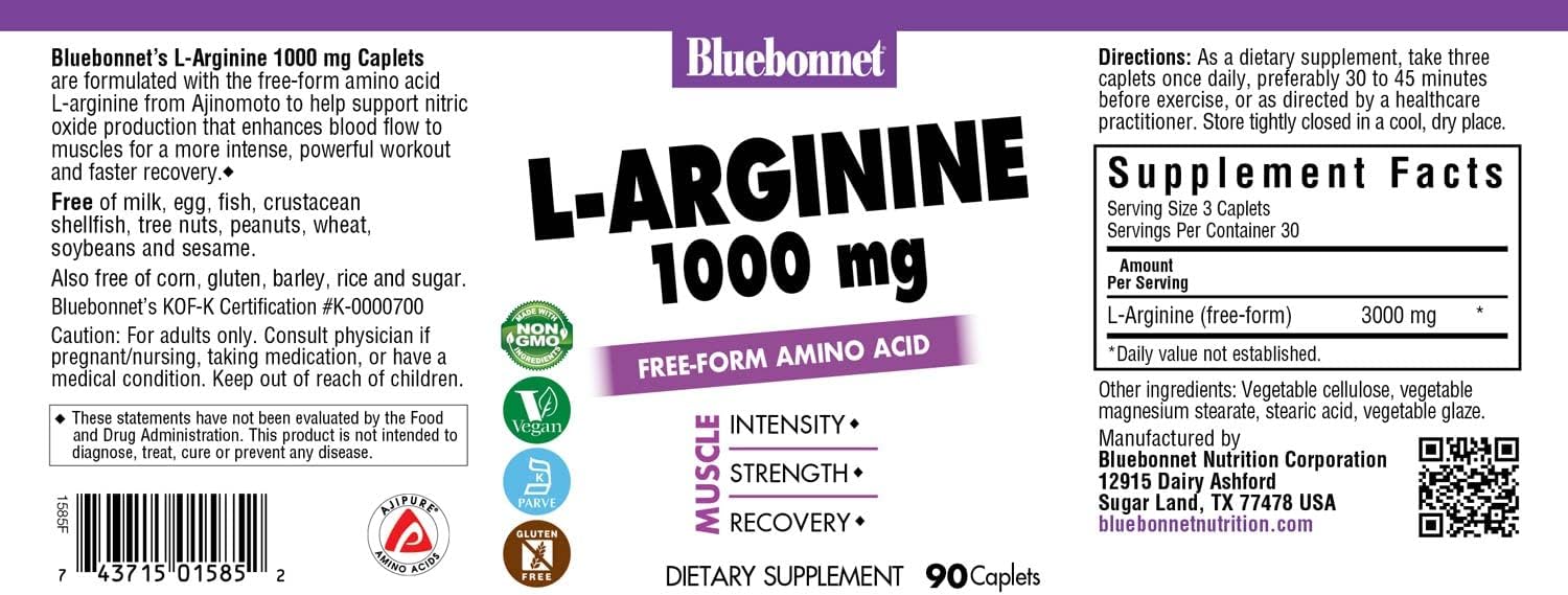 BlueBonnet L-Arginine Capsules - 1000 mg, 90 Count - Dietary Supplement