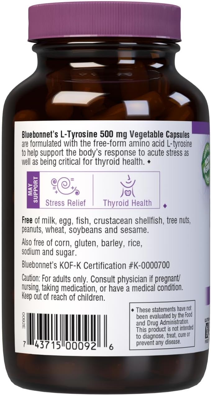 Bluebonnet L-Tyrosine 500mg Capsules – 100 Count Bottle for Brain Health and Mood Support