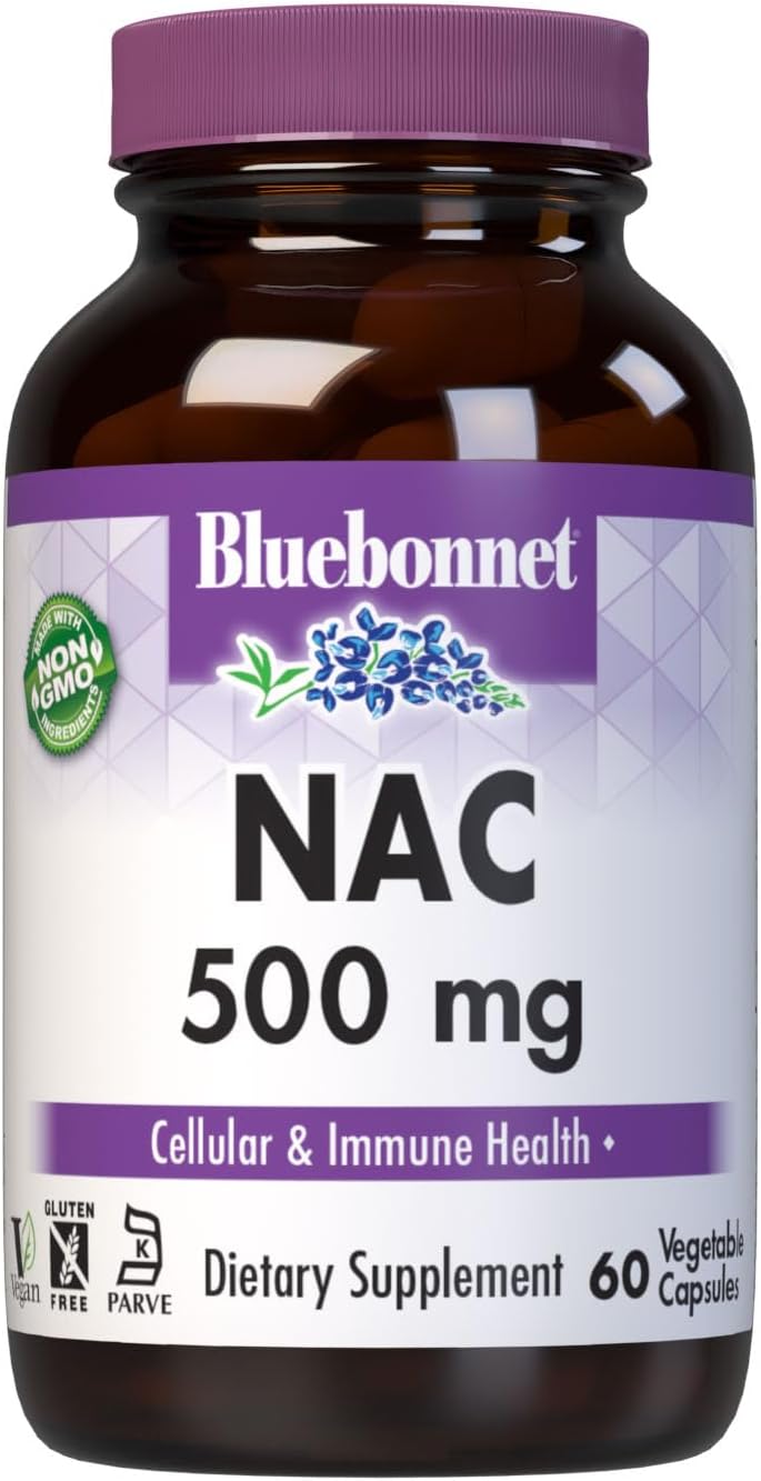 Bluebonnet NAC 500 mg Vitamin Capsules - 60 Count Bottle for Immune Support and Respiratory Health