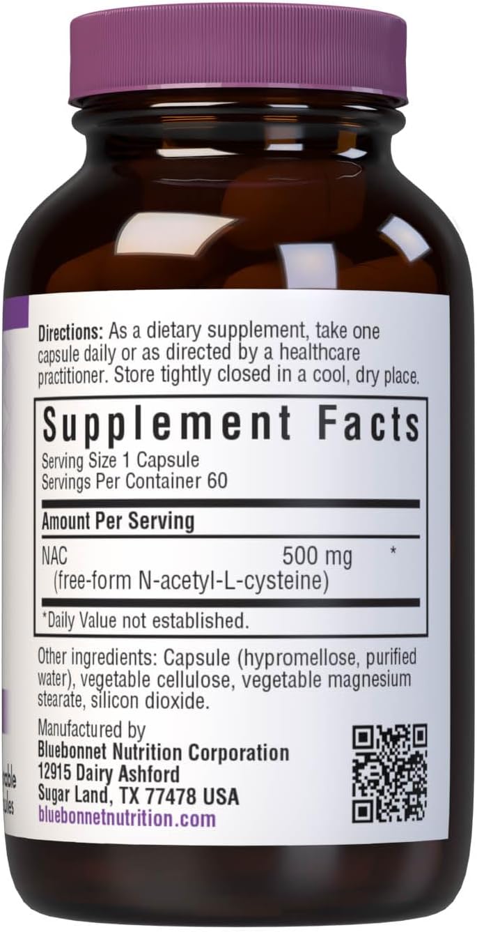 Bluebonnet NAC 500 mg Vitamin Capsules - 60 Count Bottle for Immune Support and Respiratory Health