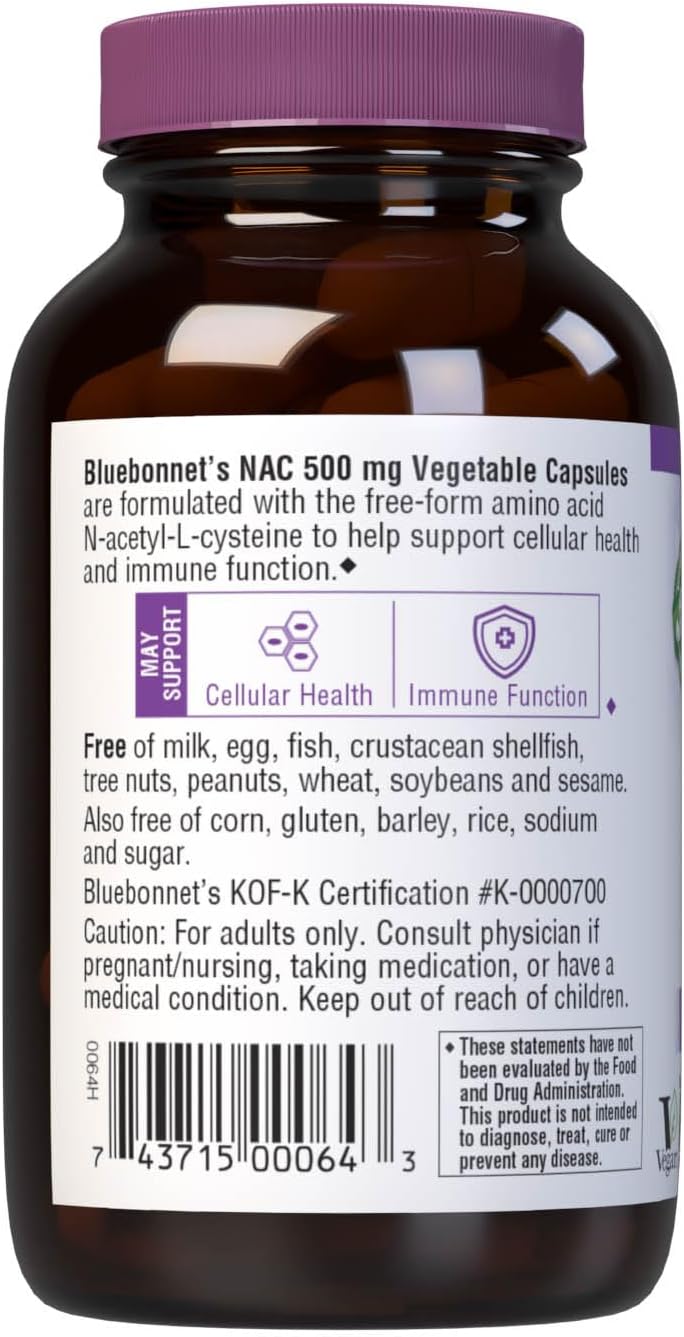 Bluebonnet NAC 500 mg Vitamin Capsules - 60 Count Bottle for Immune Support and Respiratory Health