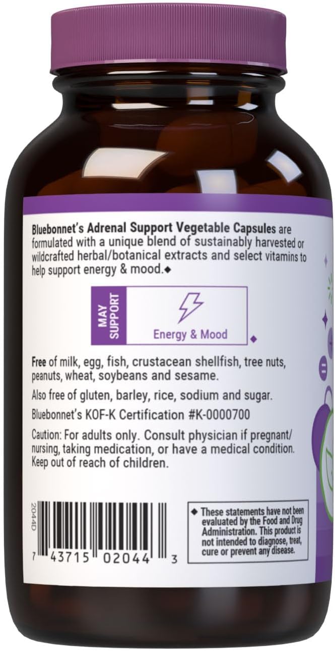Bluebonnet Nutrition Adrenal Support Capsules for Energy and Mood Boost, Non-GMO, Vegan, Kosher, Gluten-Free, 60 Veg Caps