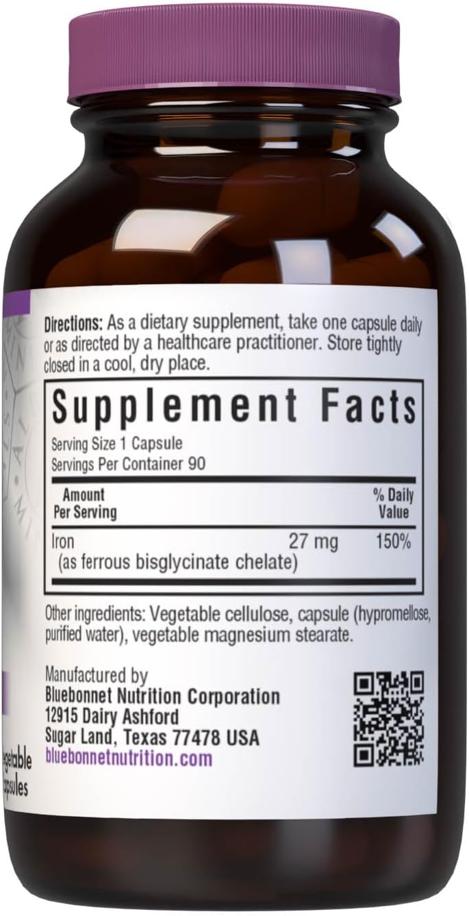 Bluebonnet Nutrition Albion Extra-Strength Chelated Iron 27 mg - Soy, Gluten, and Dairy-Free Vegan Supplement for Healthy Red Blood Cell Production - 90 Capsules
