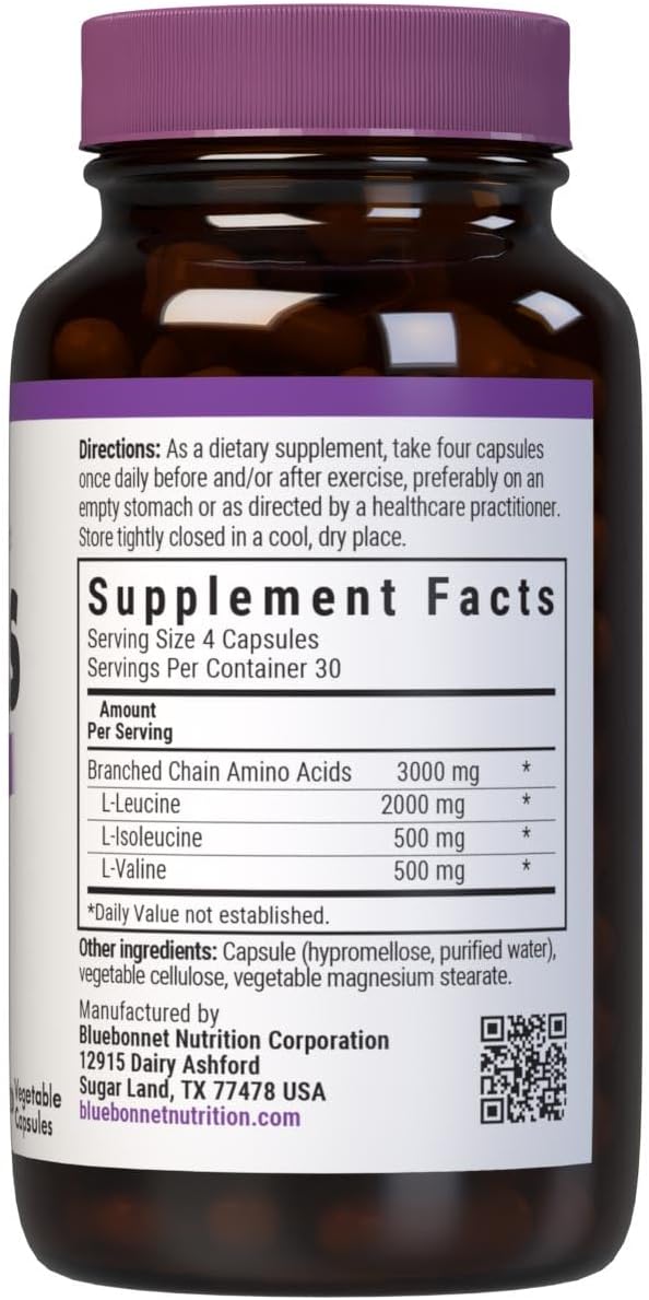 Bluebonnet Nutrition BCAAs 4:1:1 Ratio for Muscle Performance, Health, and Repair - Non-GMO, Vegan, Kosher, Gluten-Free - 120 Capsules