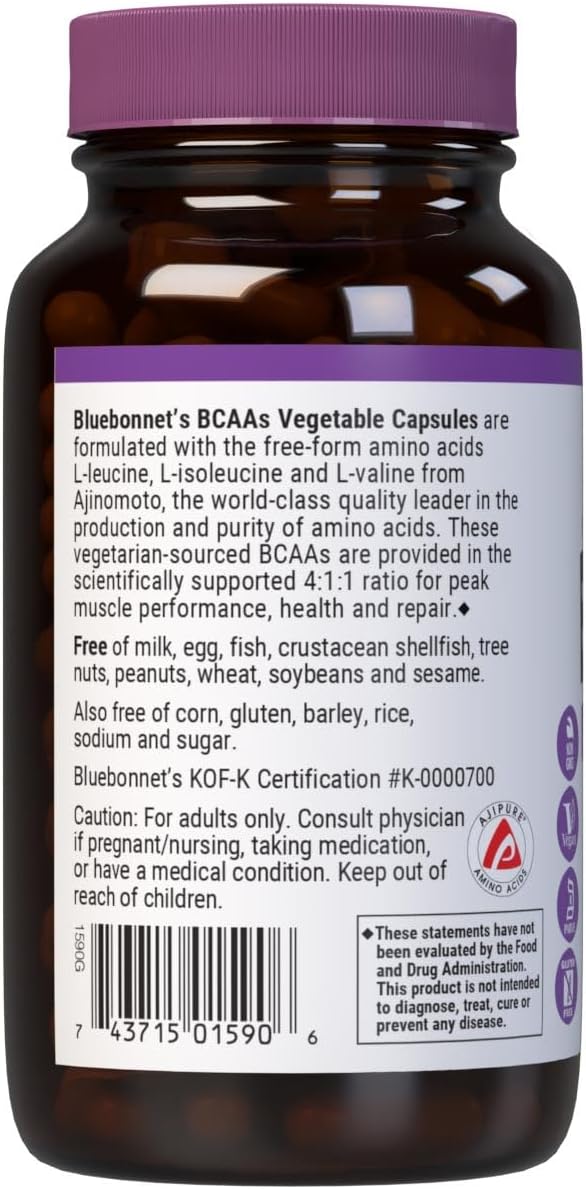 Bluebonnet Nutrition BCAAs 4:1:1 Ratio for Muscle Performance, Health, and Repair - Non-GMO, Vegan, Kosher, Gluten-Free - 120 Capsules