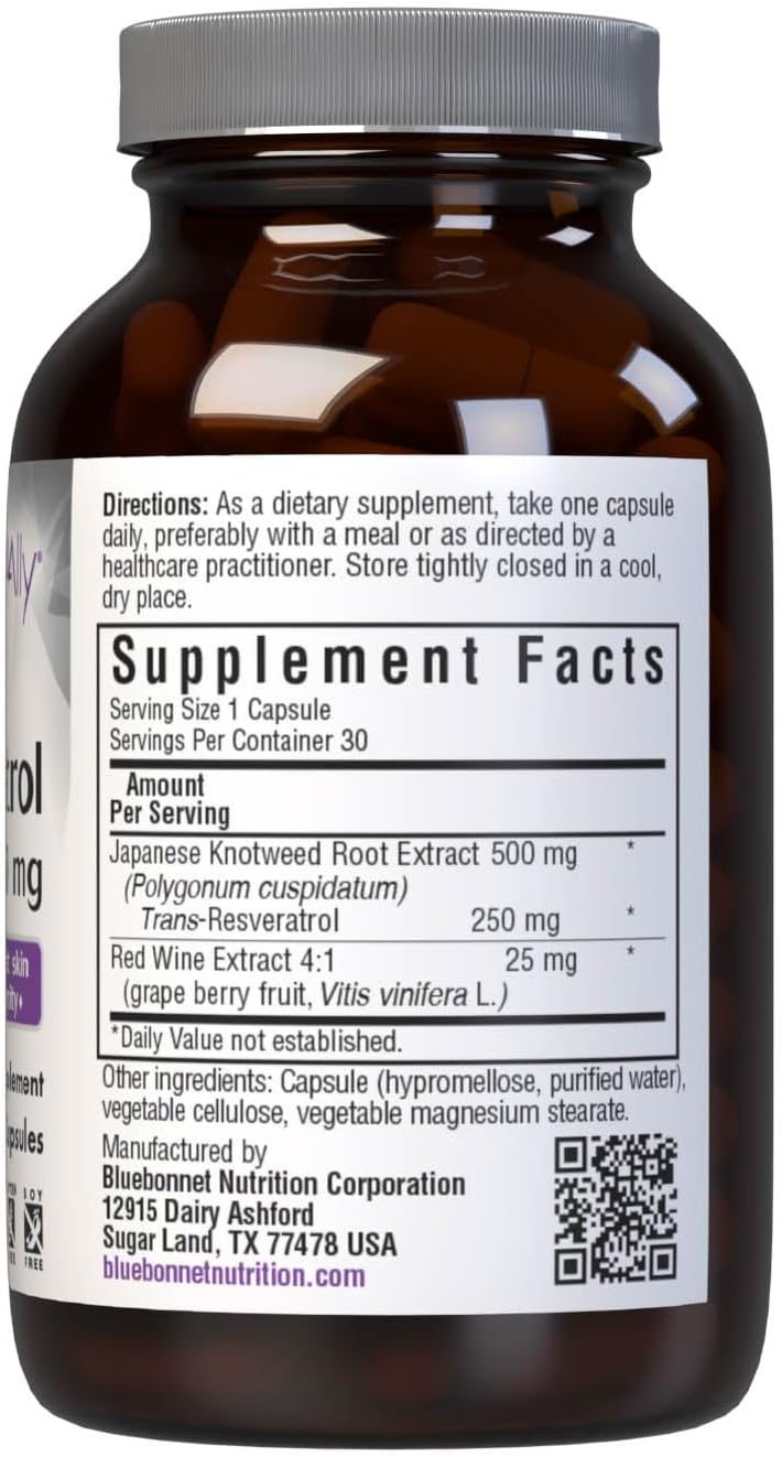 Bluebonnet Nutrition Beautiful Ally Resveratrol 250 mg Capsules - Skin Integrity Support - Non-GMO, Vegan, Gluten-Free, 30 Servings