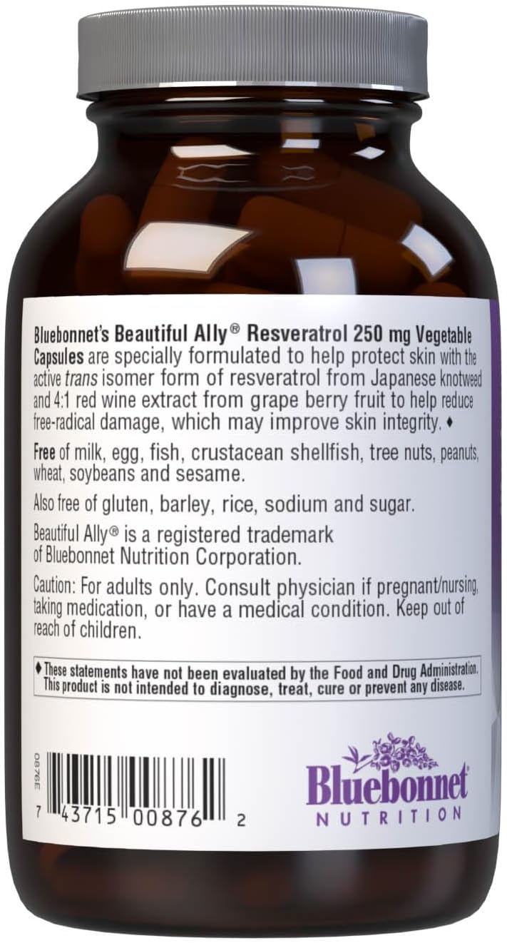 Bluebonnet Nutrition Beautiful Ally Resveratrol 250 mg Capsules - Skin Integrity Support - Non-GMO, Vegan, Gluten-Free, 30 Servings