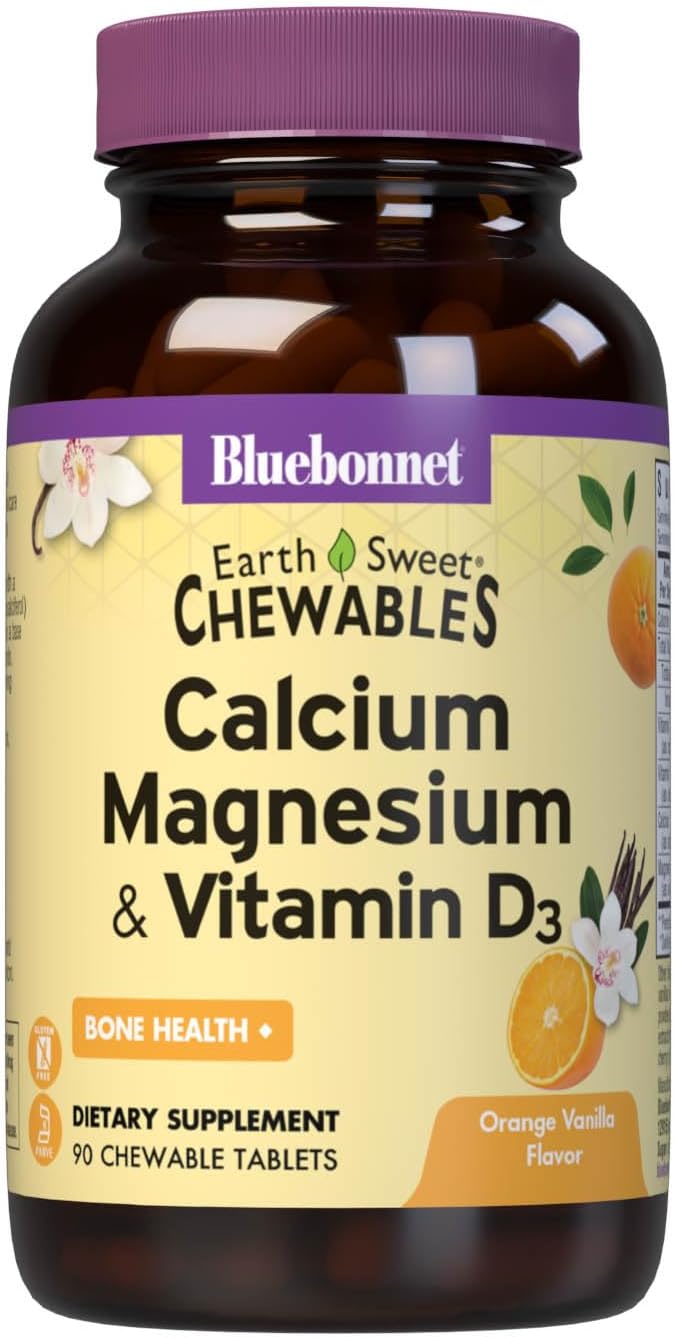 Bluebonnet Nutrition Calcium Magnesium with Vitamin D3 Earthsweet Chewable Tablets for Bone Health & Muscle Relaxation, Soy-Free, Gluten-Free, Kosher, Dairy-Free - 90 Orange Vanilla Tablets
