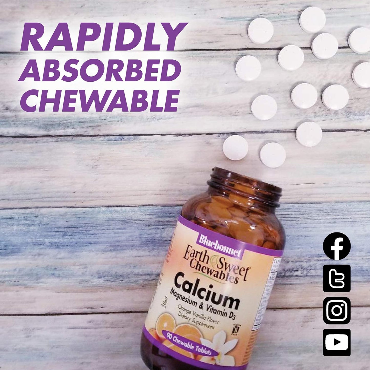 Bluebonnet Nutrition Calcium Magnesium with Vitamin D3 Earthsweet Chewable Tablets for Bone Health & Muscle Relaxation, Soy-Free, Gluten-Free, Kosher, Dairy-Free - 90 Orange Vanilla Tablets