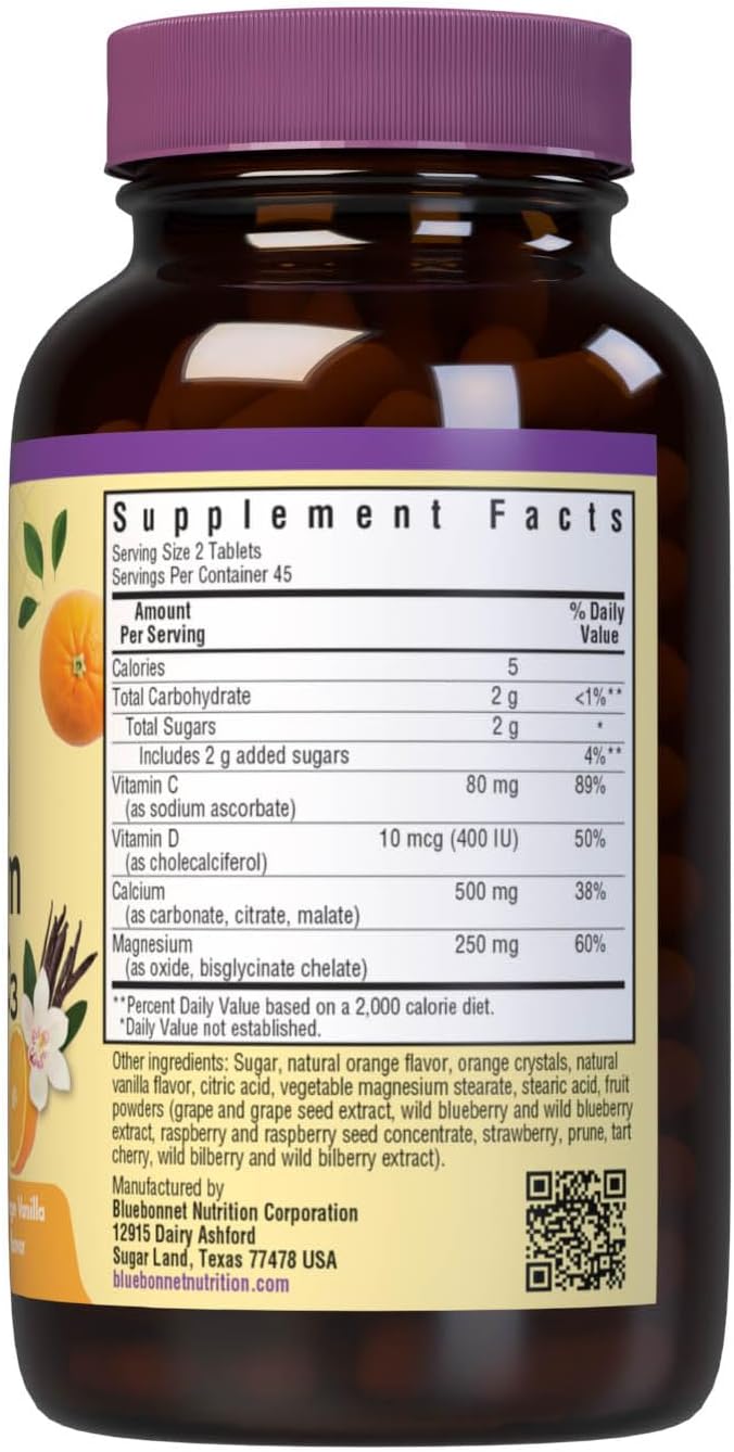 Bluebonnet Nutrition Calcium Magnesium with Vitamin D3 Earthsweet Chewable Tablets for Bone Health & Muscle Relaxation, Soy-Free, Gluten-Free, Kosher, Dairy-Free - 90 Orange Vanilla Tablets
