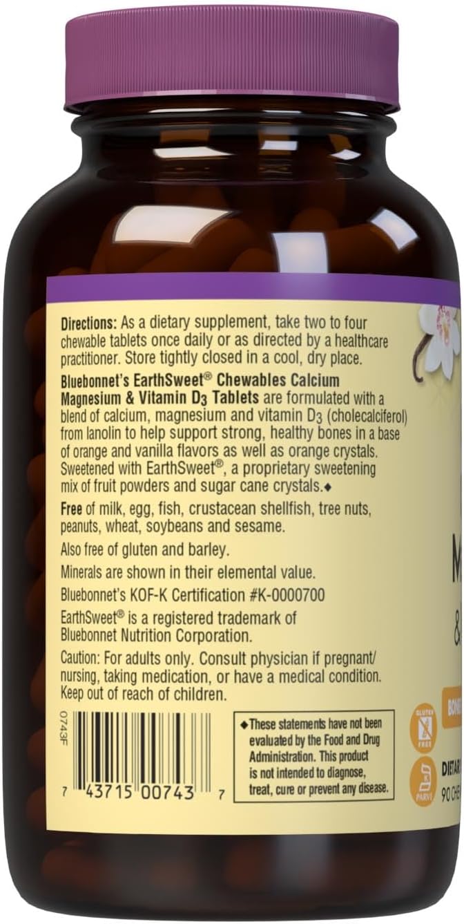Bluebonnet Nutrition Calcium Magnesium with Vitamin D3 Earthsweet Chewable Tablets for Bone Health & Muscle Relaxation, Soy-Free, Gluten-Free, Kosher, Dairy-Free - 90 Orange Vanilla Tablets