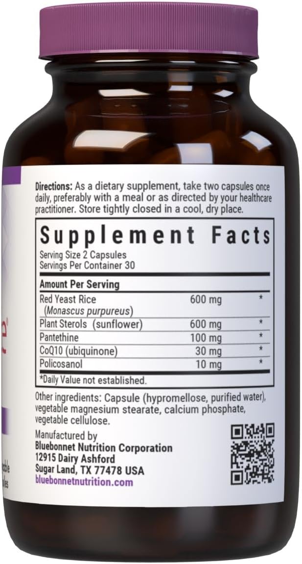 Bluebonnet Nutrition CholesteRice Vegetable Capsules - Red Yeast Rice Blend with Plant Sterols, Pantethine, CoQ10, Policosanol - Vegan, Vegetarian, Non GMO, Gluten Free, Soy-Free - 60 Capsules