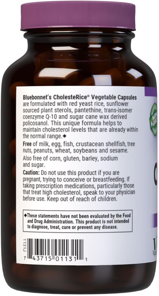 Bluebonnet Nutrition CholesteRice Vegetable Capsules - Red Yeast Rice Blend with Plant Sterols, Pantethine, CoQ10, Policosanol - Vegan, Vegetarian, Non GMO, Gluten Free, Soy-Free - 60 Capsules