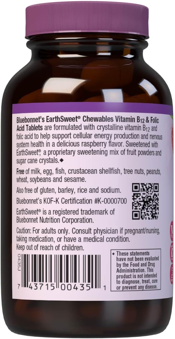 Bluebonnet Nutrition Earth Sweet Vitamin B12 & Folic Acid Chewable Tablets, Cream Raspberry - 180 Count Pack