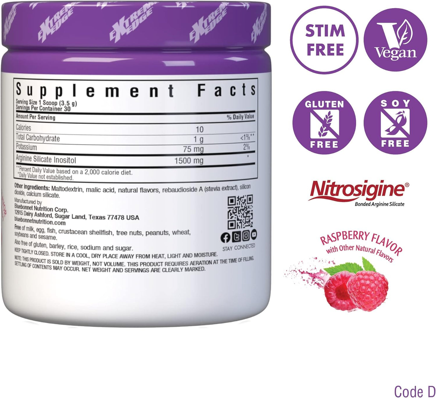 Bluebonnet Nutrition Extreme Edge Nitro Powder - Nitric Oxide Booster for Increased Blood Flow - Vegan Raspberry Flavor - 3.7 oz, 30 Servings