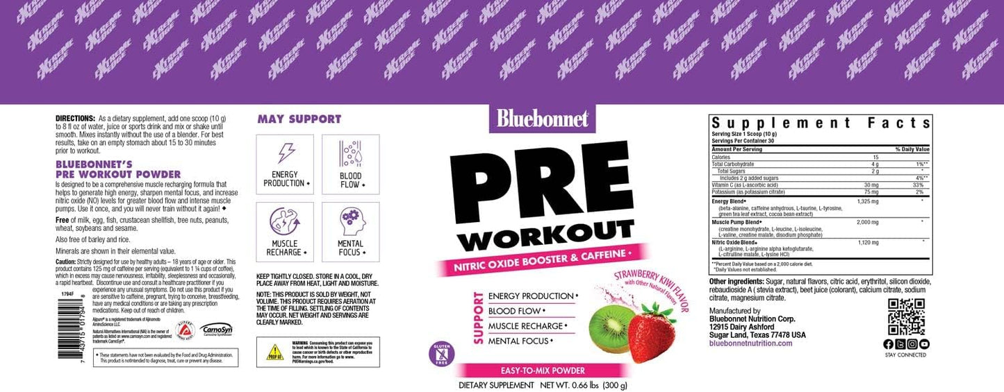 Bluebonnet Nutrition Extreme Edge Pre Workout - Strawberry Kiwi Flavor, Dairy and Soy-Free, 30 Servings, 10.56 Ounce, Boosts Nitric Oxide Levels