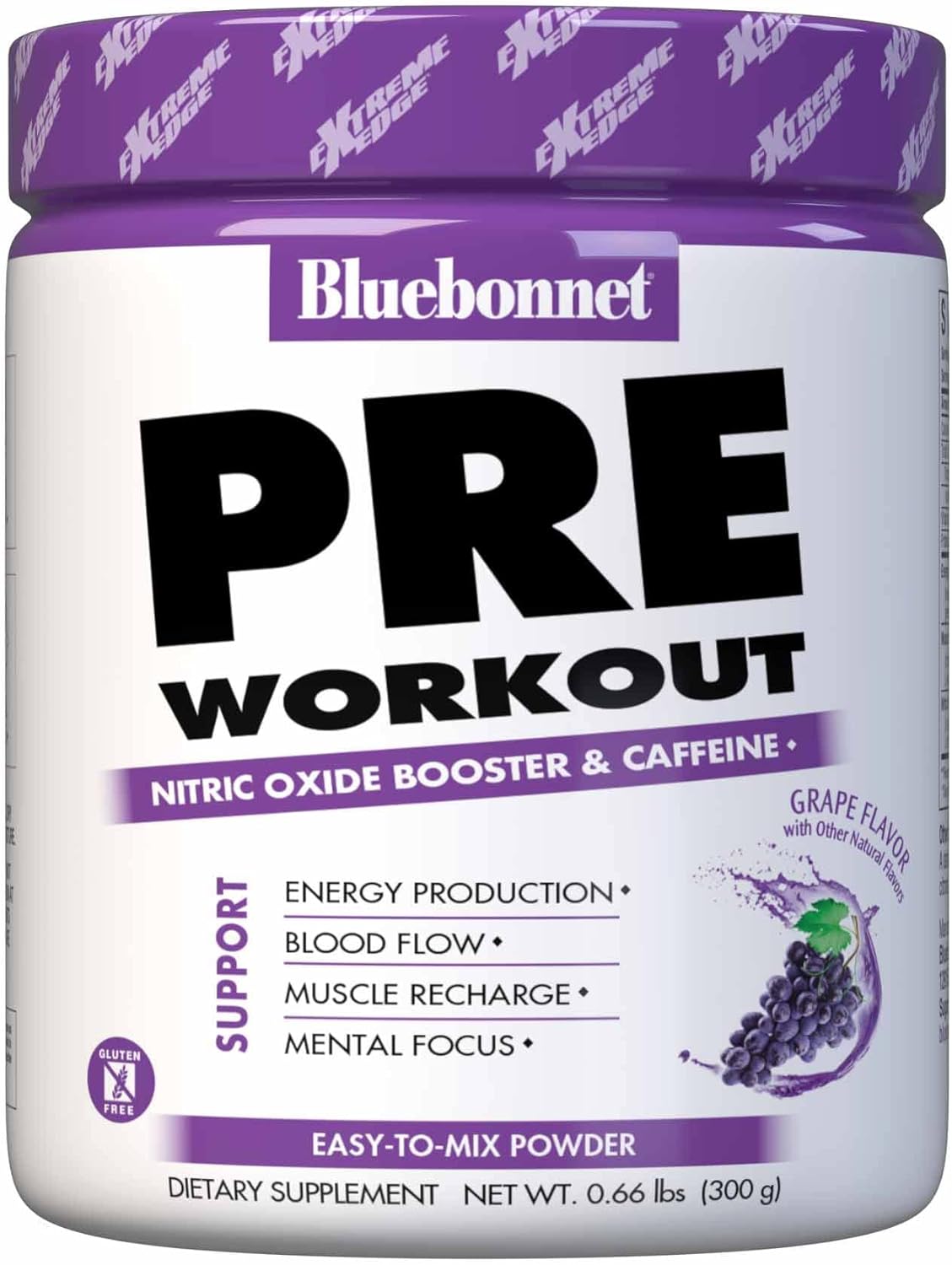 BlueBonnet Nutrition Extreme Edge Pre Workout Supplement - 30 Servings, Grape Flavor, 10.56 Oz - Boosts Nitric Oxide Levels
