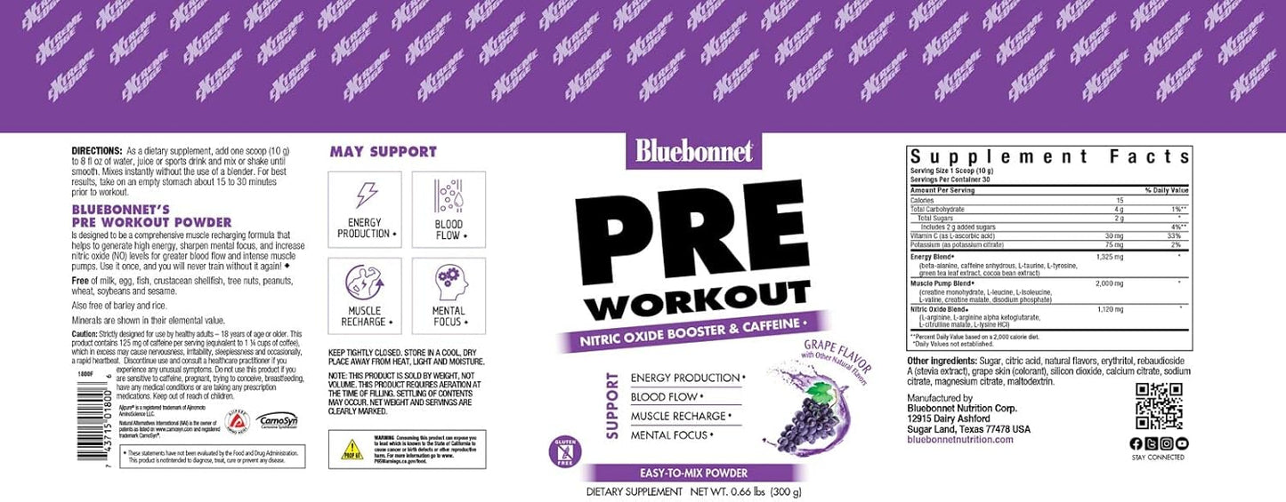 BlueBonnet Nutrition Extreme Edge Pre Workout Supplement - 30 Servings, Grape Flavor, 10.56 Oz - Boosts Nitric Oxide Levels