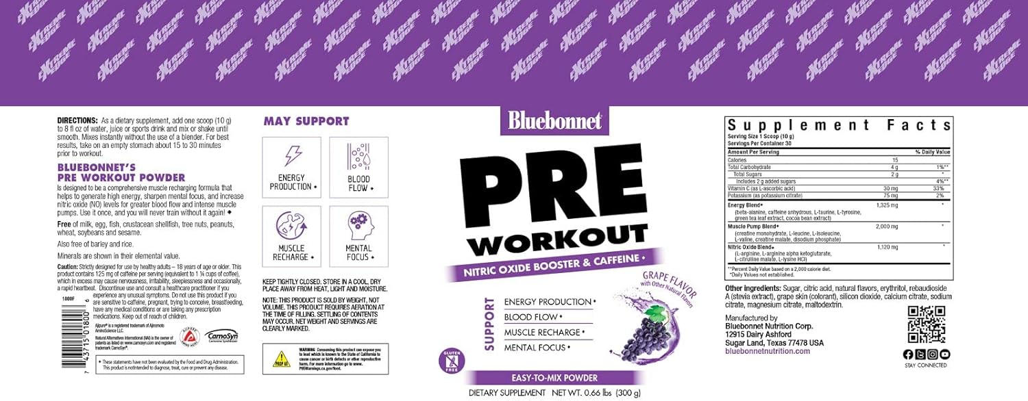 BlueBonnet Nutrition Extreme Edge Pre Workout Supplement - 30 Servings, Grape Flavor, 10.56 Oz - Boosts Nitric Oxide Levels