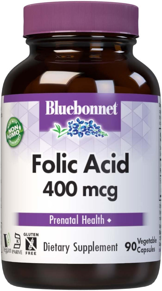 Bluebonnet Nutrition Folic Acid 400 mcg Capsules for Prenatal & Postnatal Health - Non-GMO, Vegan, Kosher, Gluten-Free - 90 Servings