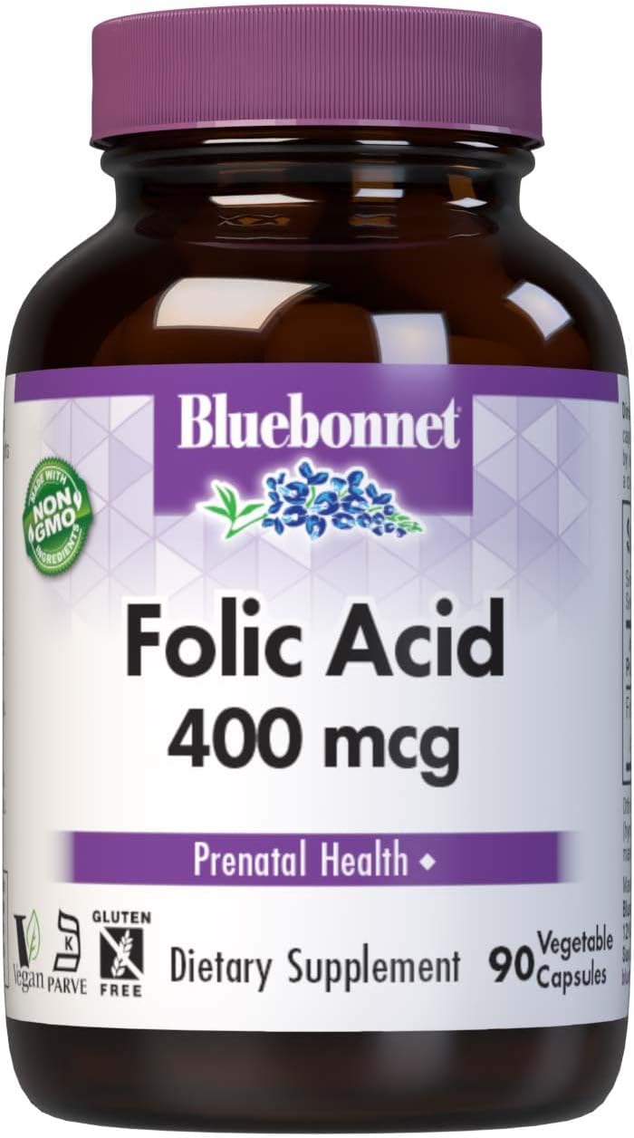 Bluebonnet Nutrition Folic Acid 400 mcg Capsules for Prenatal & Postnatal Health - Non-GMO, Vegan, Kosher, Gluten-Free - 90 Servings